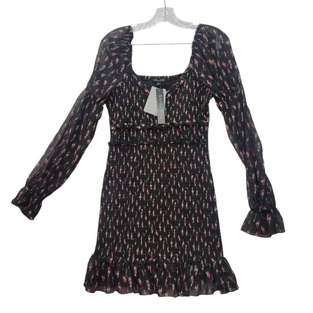 Ken-ed-ik Black Floral Long Sleeve Smocked Mini Dress Size L Women's